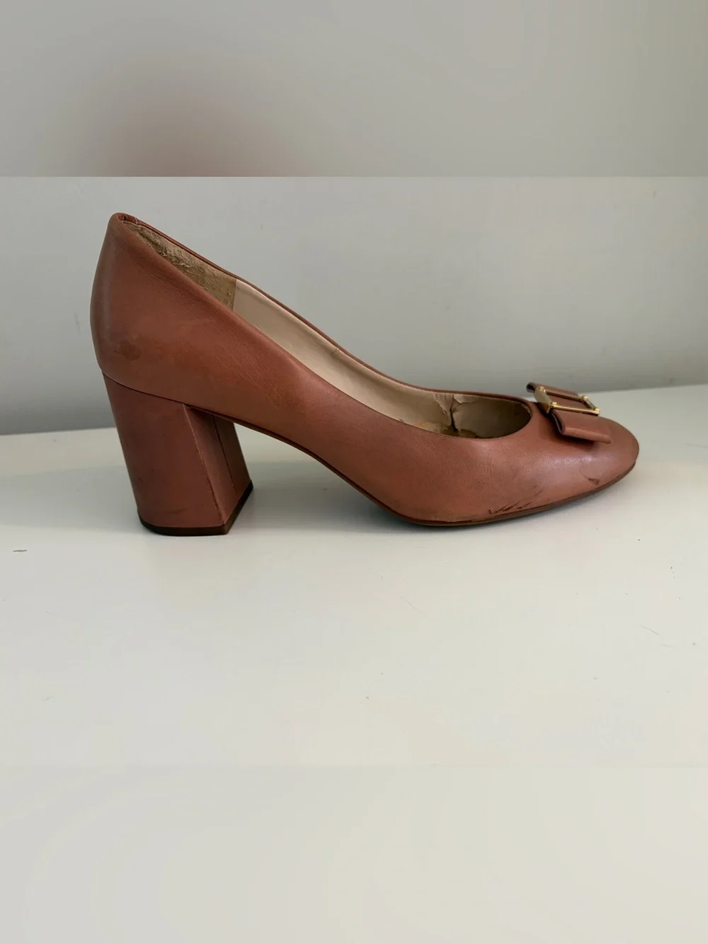 Cole Haan Women Emory Leather Tan Round-Toe Block-Heel Pump Buckle Bow - Size 11